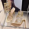 Golden Shoes Fashion s Peep Toe Ladies High Heels Crystal Gladiator Sandal Thin Female Footwear 240318