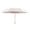 Umbrellas Large Solid Wood Handle Double Titanium Silver Umbrella Sunny And Rainy 3 Folding Windproof UV UPF50 Sunshade