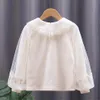 Wiosenna jesień maluch nastoletnich dziewczęta bawełniana bluzka biała łuk koronki długie rękawy koszulki dzieci pullover ubrania dla dzieci 3-12 lat 240318
