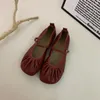 Casual Shoes Bailamos 2024 Women Flats Round Toe Wrinkle Retro Single One Word Buckle Mary Jane Ballerina Mujer