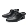 Designer Male Large Size Slip On Dress Shoes Pointed Toe Nightclub Slippers Men Genuine Leather High Heel Formal Mules Shoes