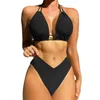 Damen-Bademode, Damen-Badeanzug, tiefer V-Ausschnitt, rückenfrei, gepolstert, sexy Bikini, drahtlos, Sommer, Schnür-Halter-BH, hohe Taille, Höschen, Strandmode