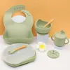 Baby Silicone Tableware Set Dining Plate With Sucker Antislip Saucer Bowl Bibs Spoon Fork Sippy Cup Kids Training Dishes 240322