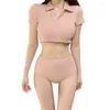 Mulheres Swimwear Mulheres Duas Peças Terno de Banho V Neck Traje de Natação Incluindo Top Colheita e Parte Inferior de Controle de Barriga