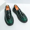 Mocassins grossos de fundo verde de fundo verde, sapatos casuais, masculino, pães de couro de patente de couro 175