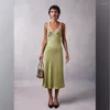 Vestidos casuais mulheres 2024 primavera e verão verde listrado emenda laço v-pescoço cintura sem costas suspender vestido