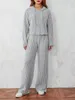 Zweiteilige Damenhose, 2 Outfits, gerippter Strick-Hoodie und weite Beine, Set, lockerer Sweatsuit, Streetwear