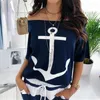 Robes de soirée Femmes Sexy Hors Épaule Bateau Ancre Imprimer Chemise D'été 2024 Deux Pièces Ensemble Hauts Cheville Longueur Robe Rayée Ensembles Casual