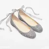 Freizeitschuhe, silberne Glitzer-Ballerinas, Damen, runde Zehenpartie, gekreuzte Schleife, Ballerina, Kristall, Hochzeit, Brautjungfer, Größe 43