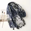 Sarongs dames herfst marineblauw blauw abstract bloemenlijm sjaal hoge kwaliteit bedrukte verpakking pashmina sneeuw bufandas moslimhoofdband 180 * 90 cm 240325