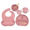 Baby Silicone Tableware Set Dining Plate With Sucker Antislip Saucer Bowl Bibs Spoon Fork Sippy Cup Kids Training Dishes 240322