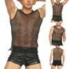 Tanques de rejilla transparente para hombre sexy Chaleco superior Sleevel Slim Fit Sólido Malla negra O Cuello Chalecos deportivos Camisetas Ropa A1qr #