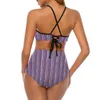 Roupa de banho feminina listrado impressão biquinis conjunto roxo e branco ajustável biquíni maiô sexy cintura alta piscina design elegante beachwear