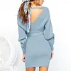 Casual Dresses Women Sexy V Neck Knitted Sweater Mini Dress With Belt Elegance Long Sleeve Back Hollow Out Short Lace Up Party Vestidos