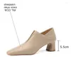 Dress Shoes Pure Colour Square Toe Fashion Sexy Genuine Leather Girls Women Heels Birthday Party Wedding High Heel Easy To Walk