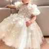 Vestidos florais elegantes para meninas, vestido para casamento, mangas curtas, branco, festa de aniversário, tule floral, princesa, primeira comunhão, vestido de baile