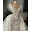 Pictures Beaded Real Crystal Mermaid Wedding Dresses With Detachable Train Appliqued Feathers Saudi Arabic Dubai Bridal Gown CPH