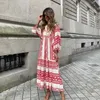 Summer Puff Sleeve Long Dres هندسي للطباعة الربط نصف فستان أنيقة Vneck Venicle Holiday Beach Vestidos 240312