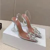 Scarpe firmate Sandali da sposa Abito con tacco alto Designer di lusso Tacchi alti in raso Amina Muaddi Fiocco Decorazione di cristallo Fibbia a punta Sandali in pvc girasole