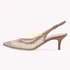 Dress Shoes Slingback Heeled Pumps Beige Mesh Faux Suede Pointed Toe Rhinestone Embellished Kitten Heel Buckle Strap Women