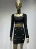 Vestidos de trabalho mulheres inverno sexy manga longa retalhos o pescoço preto duas peças mini bandage saia conjunto 2024 celebridade noite festa feminina