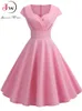 Pink Summer Dres V Neck Big Swing Vintage Dress Robe Femme Elegant Retro pin up Party Office Midi Dresses 240315