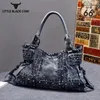 Tas Vintage Motormode Vrouwen Denim Tote Bags Diamant Klinknagel Jeans Vrouwelijke Handtassen Dames Schouder Casual Bolsa Feminina