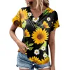 Damen-T-Shirts, modisches Sonnenblumen-Druck-T-Shirt, plissiertes Knopf-V-Ausschnitt-Kurzarm-Top, Damen-Bluse, 2024-Shirt für Y2k