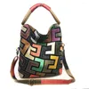 Fourre-tout mode femme multicolore en cuir véritable motifs irréguliers épissage décontracté fourre-tout sacs à main sac à bandoulière sac à bandoulière quotidien