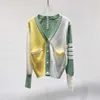 Tb Cardigan Pink White And Green Personalized Knitted Outerwear 23 Early Spring New Long Sleeved Color Blocking Patchwork Sweater Jacket