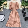 Partykleider 2024 Frauen Sommer V-Ausschnitt Puffärmel Unregelmäßige Knopf Rüschen Kleid Vintage Dame Elastic Slim Bandage Strap Pullover Midi