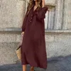 Sukienki swobodne kobiety vintage ponadwymiarowa bawełniana koszula lniana na 2024 wiosenna jesienna modna v szyja maxi sukienka maxi z długim rękawem