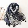 Sarongs femmes automne marine bleu abstract fleur adhésif châle de haute qualité emballage imprimé pashmina neige de neige Bufandas bandeau musulman 180 * 90cm 24325