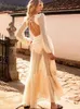 Sexy col en V profond découpé à manches longues Maxi robe en dentelle blanche tunique femmes vêtements d'été vêtements de plage maillot de bain couvrir A1049 240320