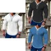 Mens Waffle Solid Color T-shirt Långärmad V-Cardigan Henry Neck Tee Tops Spring Autumn Comfort Comfort Elastic Shirt 240313