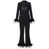 Womens Two Piece Pants Female Office Commute Suit Women Solid Color Long Sleeve Coat Straight Suits Fashion Feather Blazer Set 221206