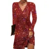 Abiti casual Abito da donna con paillettes Elegante mini scollo a V per party club a trapezio lucido con maniche lunghe morbido e traspirante