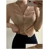 Blusas femininas Camisas Mulheres Ponto Aberto T Cor Sólida Slim Fit Y Botão Amarrado Fino Manga Longa De Malha Cardigan Top Para Outono Xp59 Dro Otdgs