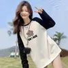 Womens Spring and Autumn Underlay Long Sleeved T-shirt Mid Length Raglan Student Loose Black White Color Block Top