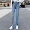 Kvinnors jeans 2024 Spring High midja Bell Bottom i full längd Denimkläder Kvinnor Svart Flare Pants Front Side Slitben