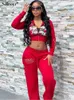 Sifreyr Trousers Two Piece Set Print Basic Zipper Short Open Navel Bodycon Hooded Cardigan High Waist Straight Leg Pants Suit 240322