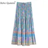 Saias Boho Queens Mulheres Hippie Verão Borla Elástica Cintura Vintage Saia Azul Floral Impresso Rayon Beach Bohemian Plissado Maxi