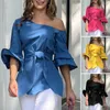 Blouzen voor dames casual vaste kleur blouse elegante skew kraag veter taille zomer met wijd uitlopende halve mouwpullover