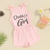 Kleidungssets Kleines Baby Mädchen Sommer Rundhals ärmelloses Briefdruck elastische Schleife Tanktops mit einfarbigen Shorts Outfit Kleidungsset