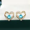 Stud Earrings Vintage Hollow Love Heart Tiny for Women Aqua Blue Crystal Round Stone Jewelry Trendy Gold Color Mothers Day Gift