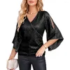 Camicette da donna Top scintillante Camicetta elegante con scollo a V impreziosita da paillettes per donna Elegante pullover con maniche a tre quarti con scava fuori da donna