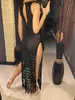 S-XL Franja Tassel Backless Vestido Longo Malha Crochet Alta Dividir Oco Out Maxi Vestido Cover-ups Beach Wear Outfits V3800B 240313