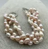 Set di orecchini per collana, braccialetto di perle rosa a forma di riso d'acqua dolce a 4 file