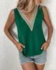 Moda vneck dantel patchwork kadınlar üst ve bluz yaz beyaz gündelik kolsuz tank üst femme bluz gömlek 240321