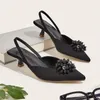 Kleidschuhe 2024 Damen Sommer Schwarz Spitze Zehe Kitten Heels Slingback Pumps Große Größe 43 Satin Perlen Büro Dame